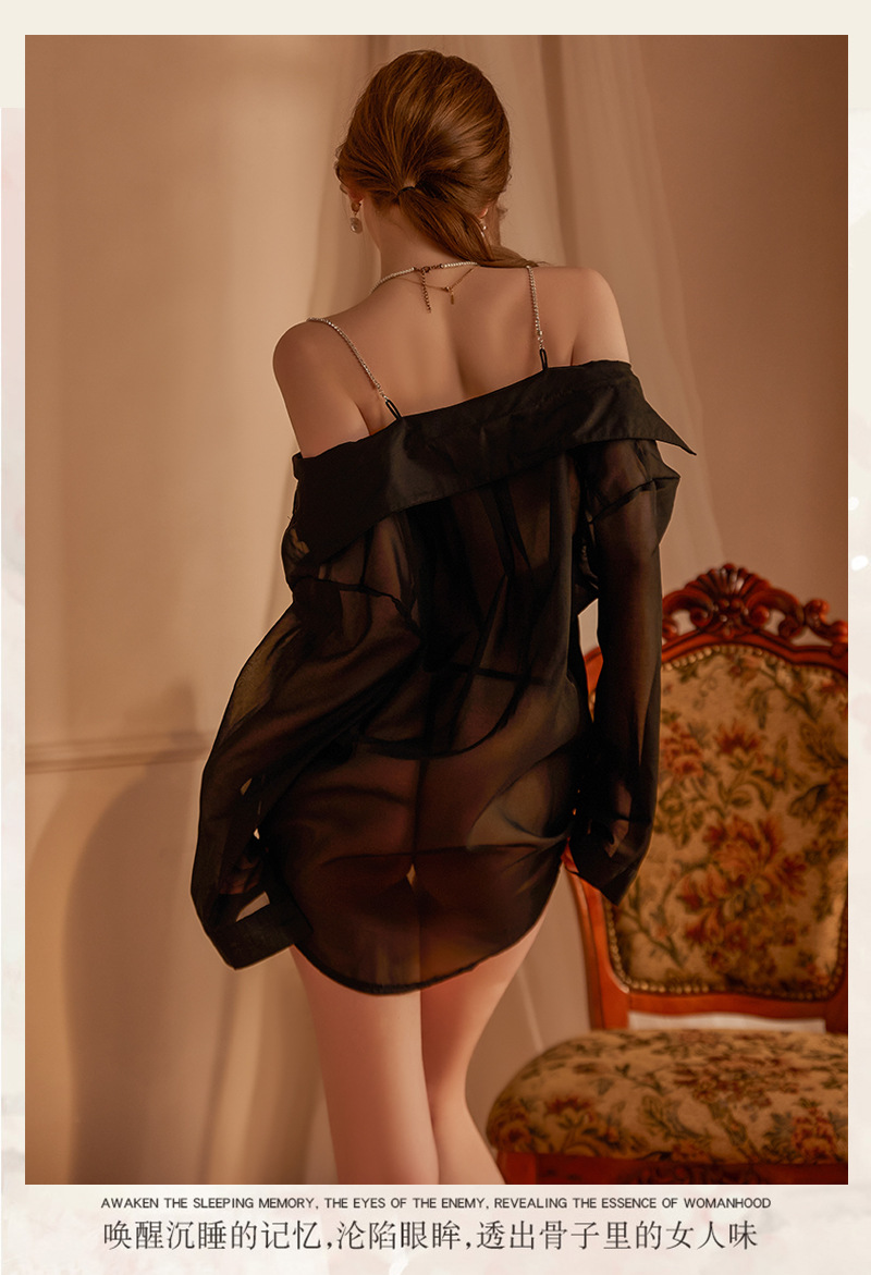 Sheer Chiffon Secretary Shirt Costume Set with Thong and Red Bellyband, One Size — detail image 15