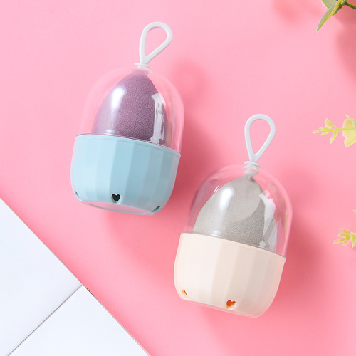 Travel-friendly, portable, and hangable transparent case with angled-cut makeup sponge—cute gourd-shaped puff that dries quickly, preventing mold while keeping water droplets at bay.