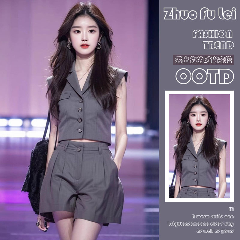 Summer Outfit with a Complete Set of Smart and Elegant Petite Gray Suit Vest and Shorts Set 2025 New Women's Clothing Summer Outfit with a Complete Set of Smart and Elegant Petite Gray Suit Vest and Shorts Set 2025 New Women's Clothing