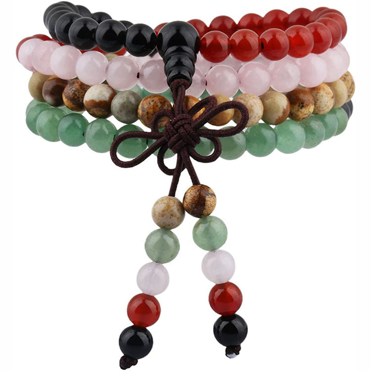 Cross-border Amazon Bracelet Men's Agate Natural Stone Bracelet Women's Pink Crystal Green Dongling 108 Tiger Eye Long Bracelet