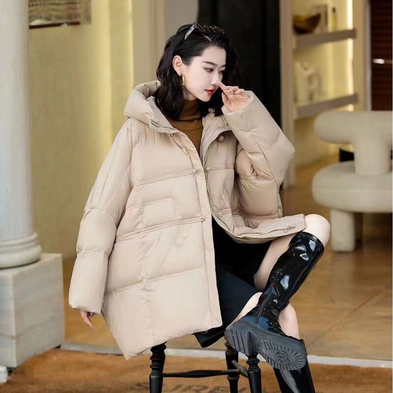 Down jacket for women 2023 Winter New hooded Western style mid-length loose plus size chubby girl white duck down coat fashion
