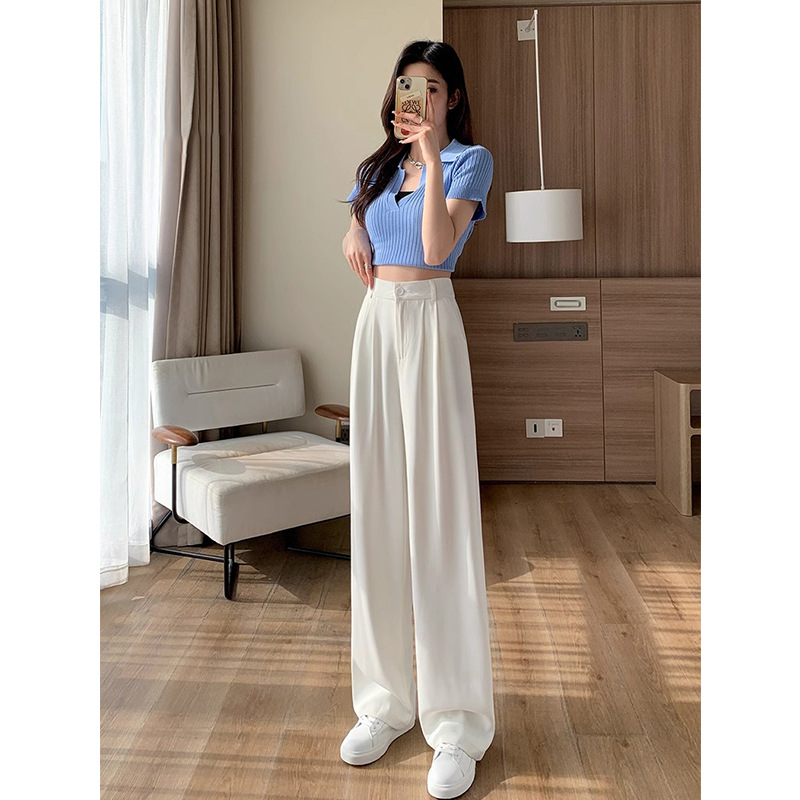 Pantalones de traje gris para mujeres verano delgado 2024 nuevos pantalones casuales de alta sensación, pantalones de piernas anchas de seda de hielo