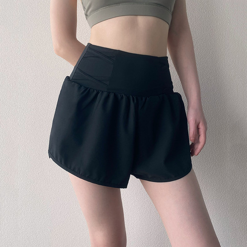 High-waist cinching exercise shorts for women, outerwear, anti-transparency pockets, quick-drying, loose, faux two-piece fitness yoga pants for summer