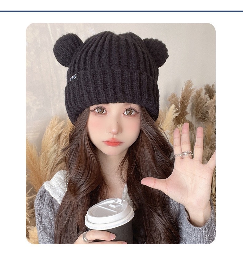 Nouveau visage montrant des oreilles d'ours tricoté chapeau de laine automne et hiver édition coréenne chaud tricoté chapeau japonais polyvalent mignon chapeau froid fille_voghion.com