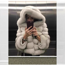 跨境欧美热卖皮草外套带帽拼接外套仿狐狸毛皮草人造毛皮厂家现货