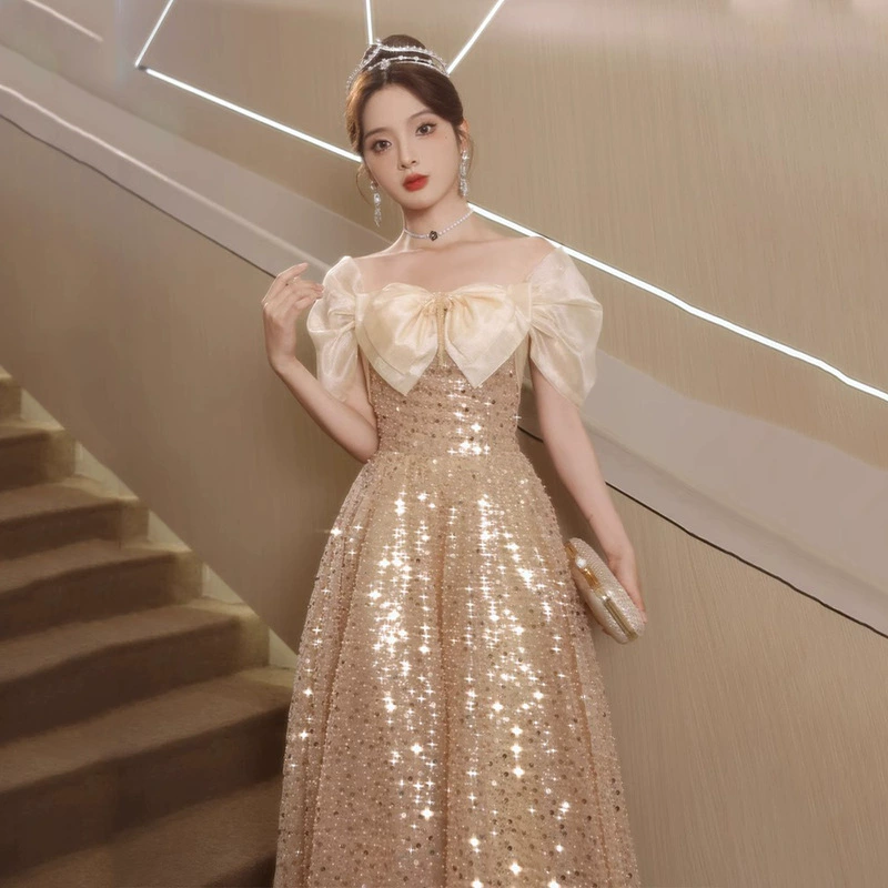 Golden evening dress, elite skirt, open shoulders, high-quality style