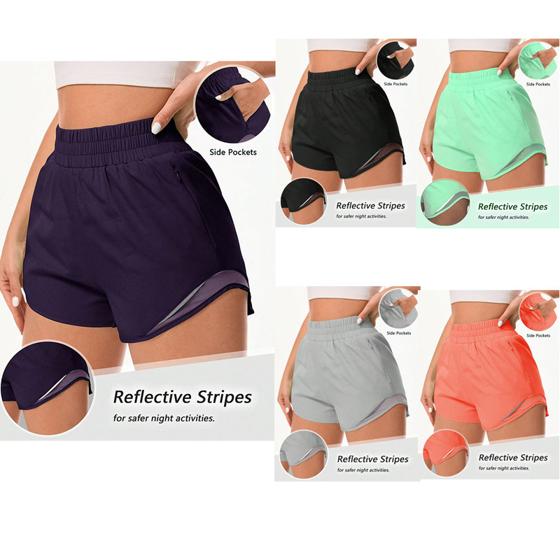 Cross-Border Popular Women's Sports Shorts Quick-Drying Mesh Reflective Strips Cycling Running Fitness Shorts with Pocket Lining