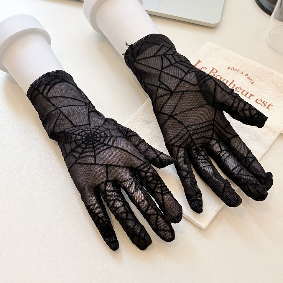 Halloween Dance Party Cosplay Spider Web Lace Gloves for Women, Lightweight, Breathable, Sexy, Black, Five-Finger Short Style