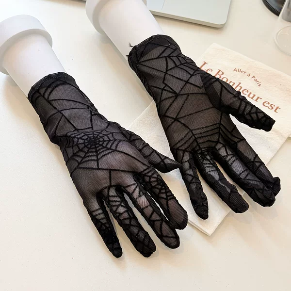 Halloween Dance Party Cosplay Spider Web Lace Gloves for Women, Lightweight, Breathable, Sexy, Black, Five-Finger Short Style