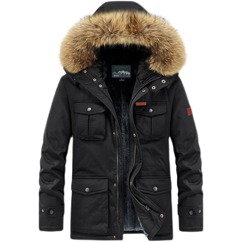 Cross-Border Autumn and Winter Men's New Velvet Thickened Mid-Length Hooded Cotton Outwear Casual Youth Thickened Jacket