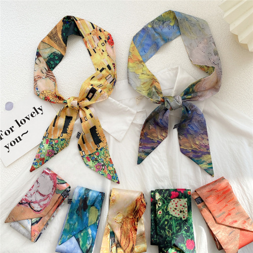 Oil painting art small ribbon small silk scarf women's spring and summer narrow fashion hairband hair tie bag decoration long scarf
