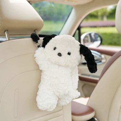 box, seat back hanging tissue: Car tissue box/set - ly-lying-dog-hanging-style-white-black-ears