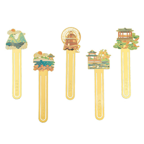 Hangzhou Ten Views Teacher's Day Cultural and Creative City Bookmark Tourist Attractions Enamel Hollow Yellow Copper Book Clip Chinese Style Commemorative Gift