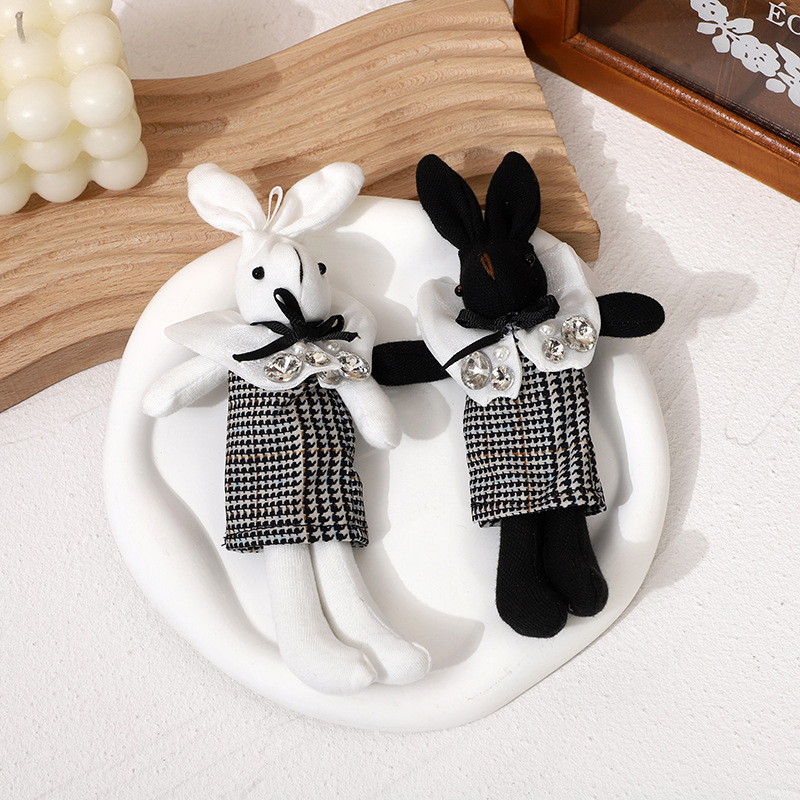 패션 Houndstooth 토끼 귀여운 봉제 인형 펜던트 키 체인 백 펜던트 봉제 장난감 의류 액세서리