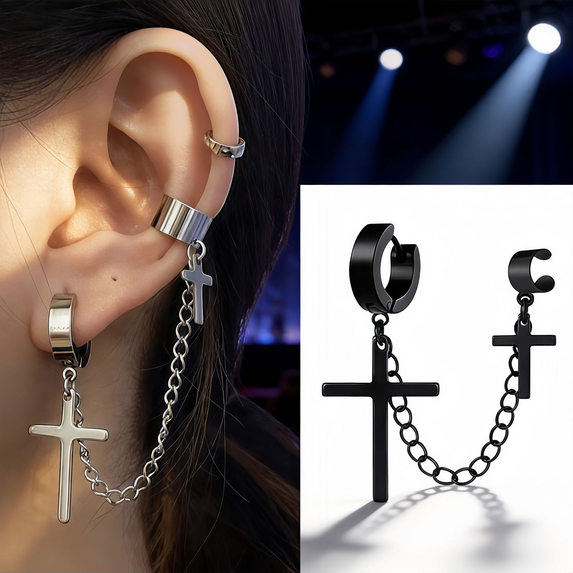 Cross-Border Hot Selling Stainless Steel Single Ear Buckle Tassel Chain Double Cross Non-Fading Personalized Trendy Ear Clip Earrings for Men and Women