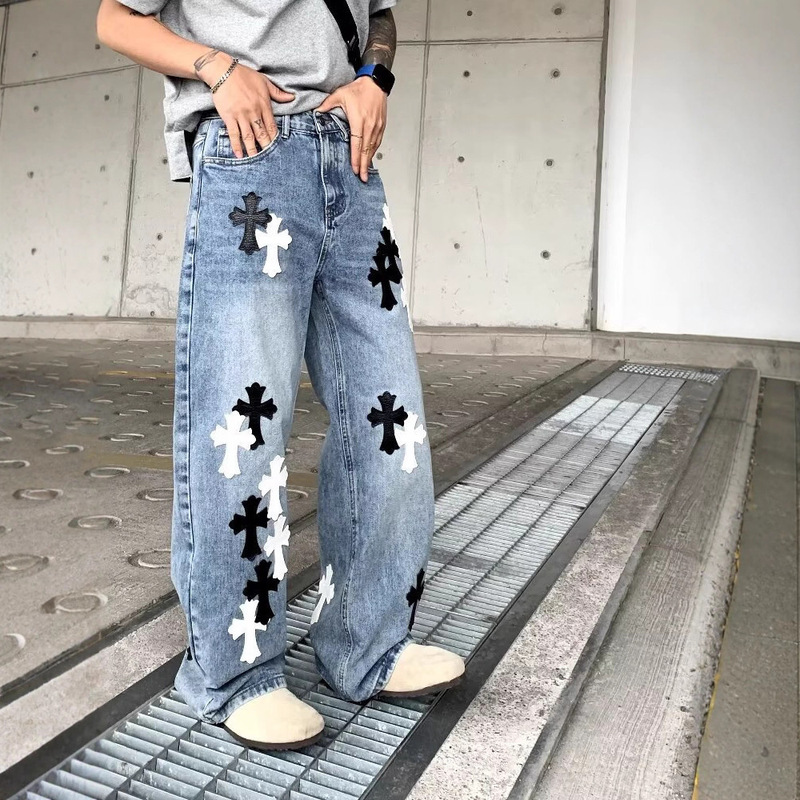 Cross-Border American Leather Label Cross Jeans Literary Ins Trendyy Lazy Harajuku Fashion Jeans for Men