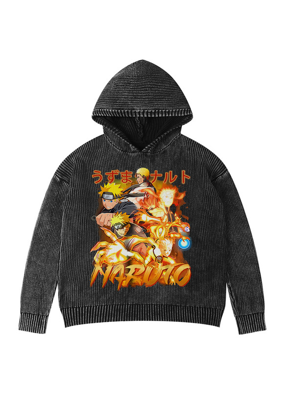 Two-Dimensional Japanese Style Anime Naruto Anime Picture American Retro Heavy Warm Knitwear Washed Hooded Knitwear for Men