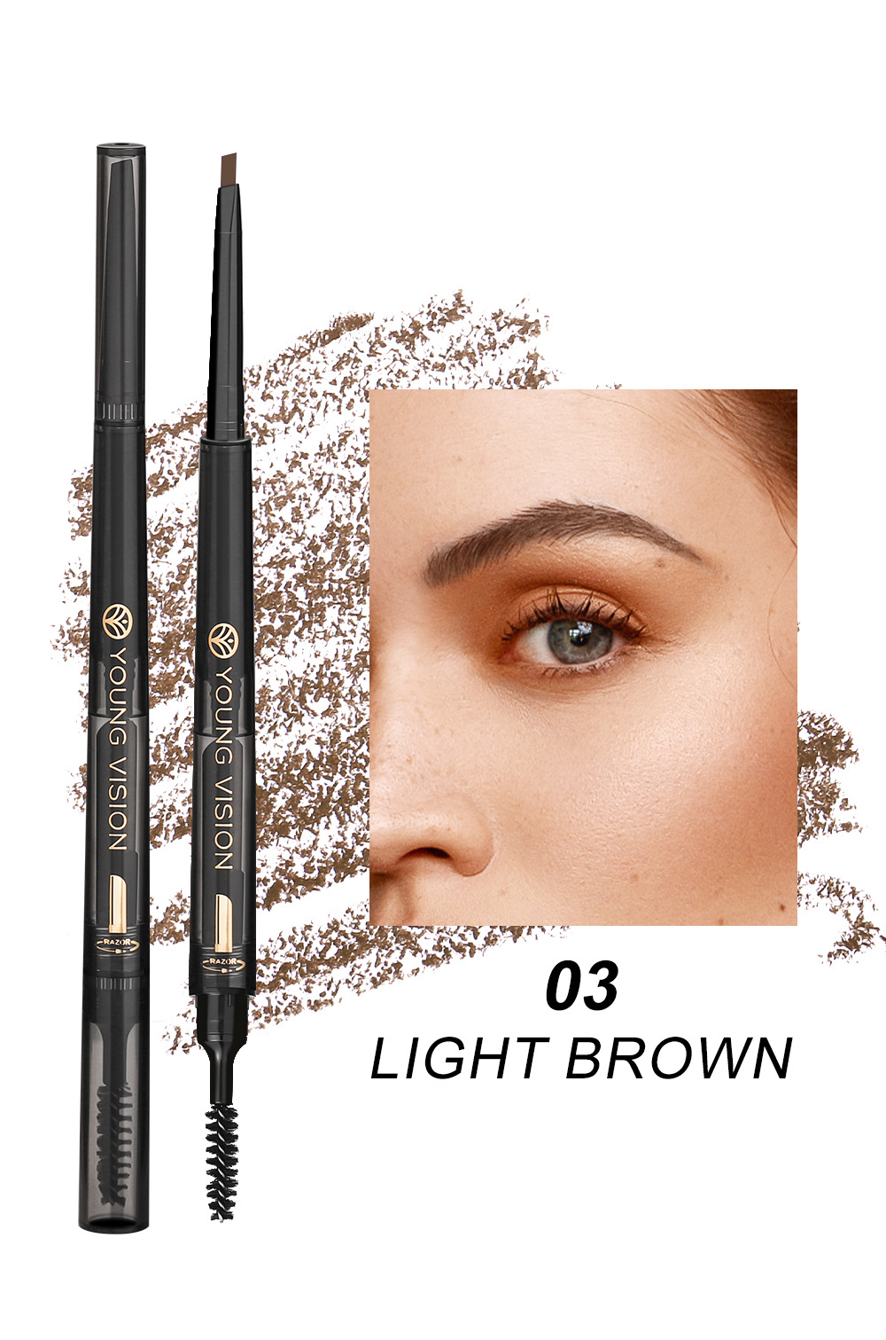 YOUNG VISION's foggy three-in-one eyebrow pencil is not prone to smudging. It features a fine and soft brush and eyebrow blade undefined
