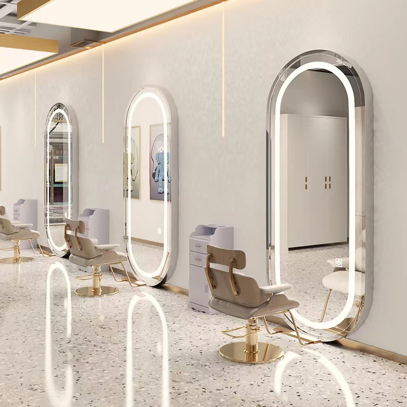 Barbería espejo salón de pelo especial montado en la pared espejo de un solo lado piso con luz inteligente espejo led
