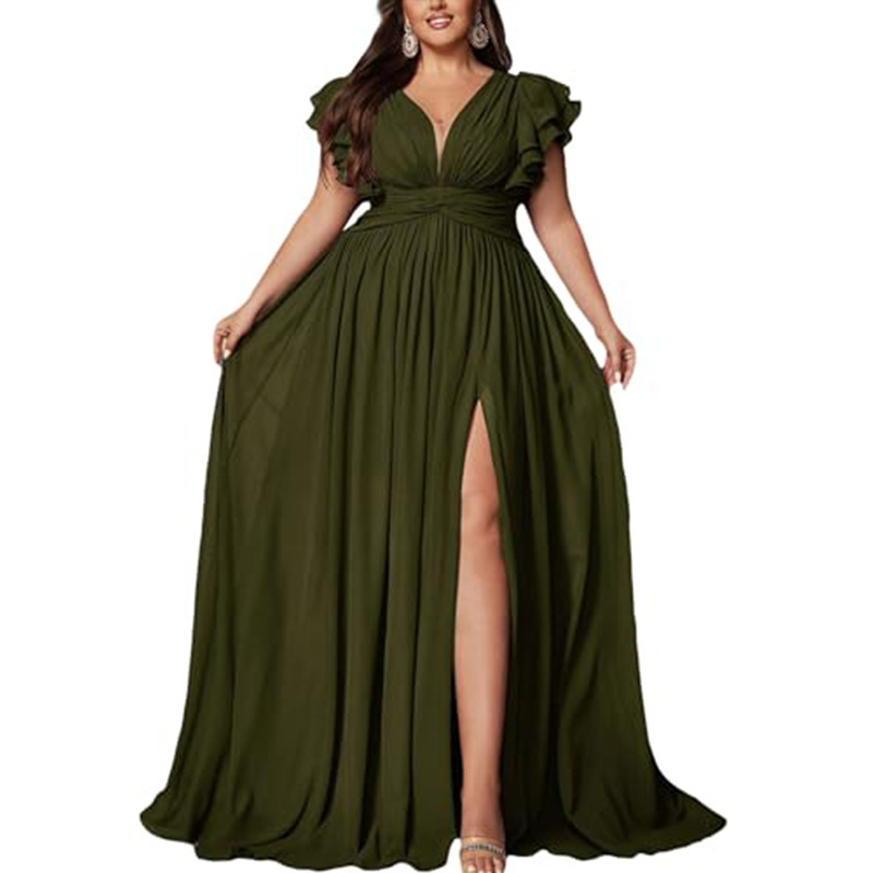 Cross-Border Amazon Short Front Long Back Chiffon Dress V-Neck High-Waist Evening Gown Bridesmaid Dress Wedding Maternity Party Dress