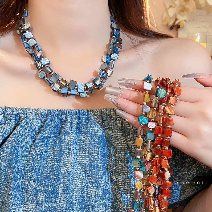 Retro Asymmetrical Double-Layer Shell Beaded Necklace Accessible Luxury High-End Elegant Clavicle Chain Versatile Niche Necklace for Women