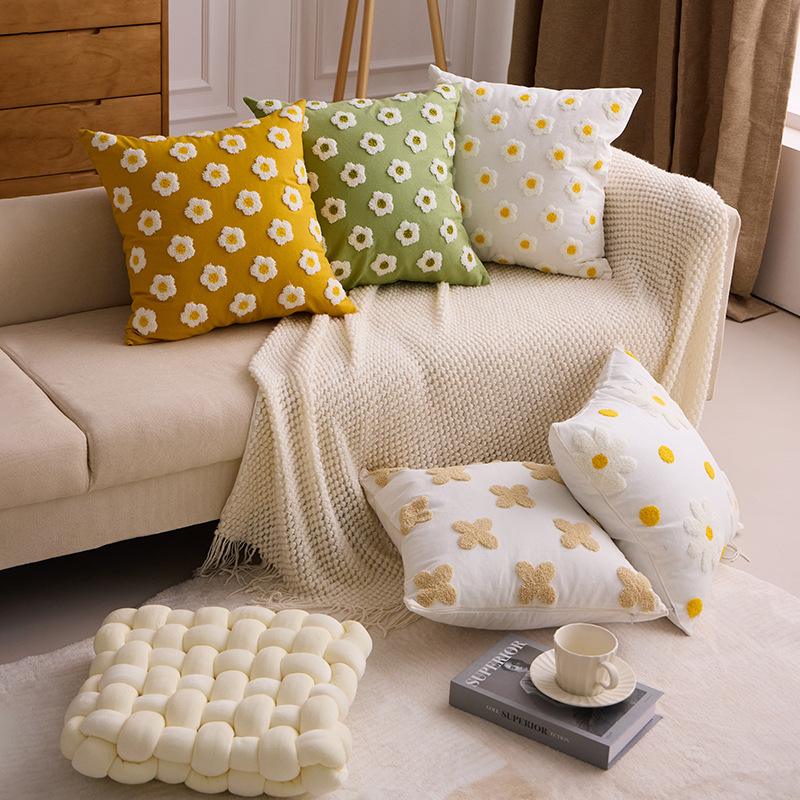 Nueva funda de almohada bordada con diseño de margarita, cojín para reposacabezas de cama, sofá, coche, sala de estar, soporte para la espalda con relleno opcional