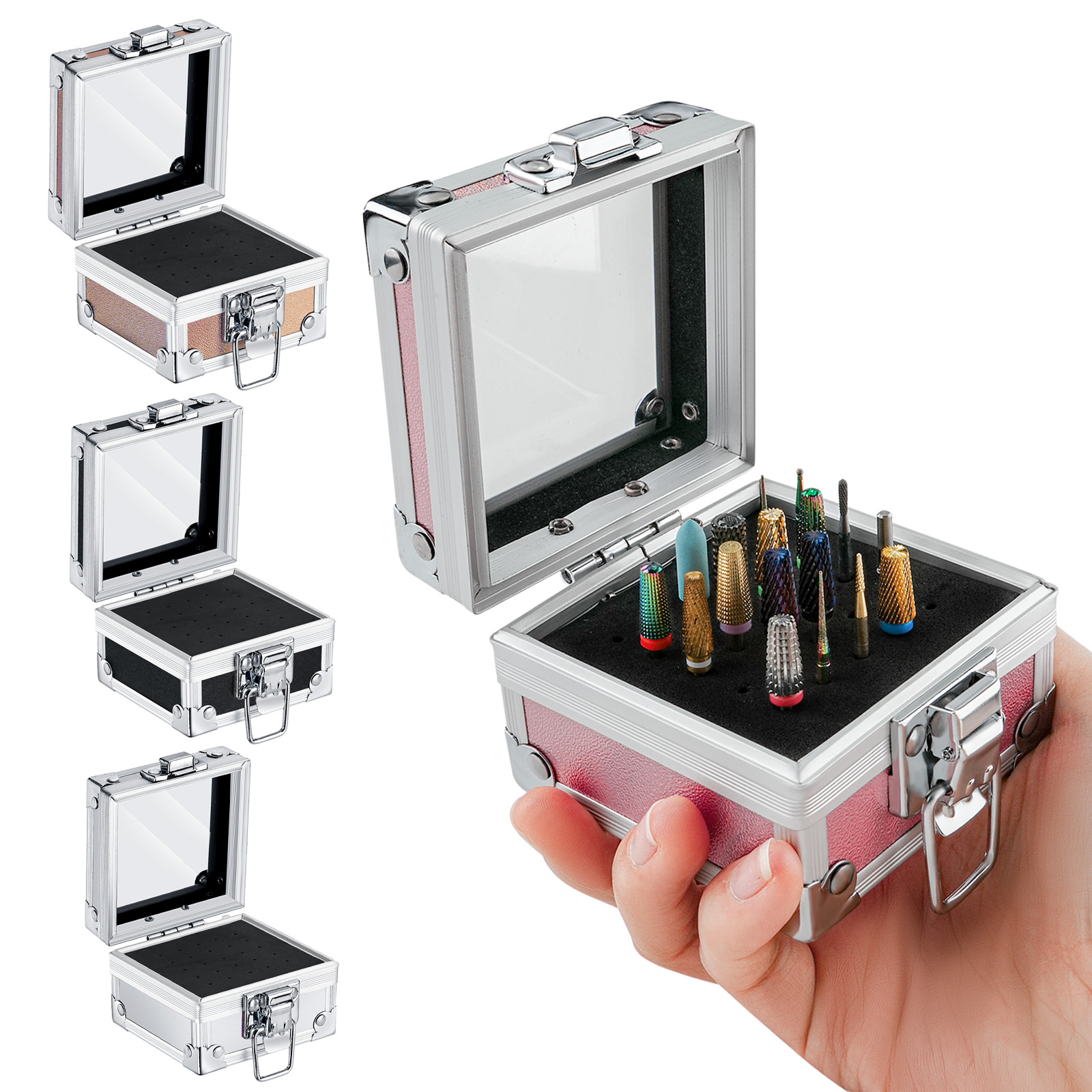 Caja de manicura de alta gama caja de aluminio 25 agujeros caja de cepillo de acabado de almacenamiento de acabado de escritorio portátil exhibición de artículos