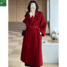 红色礼服感双面大衣2023冬季新款韩版新年结婚敬酒服毛呢外套厂家