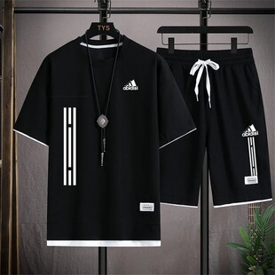Hong Kong Style Waffle Short-sleeved T-shirt suit Boys Loose Trendy Pants Casual Sports Summer Clothes for Men