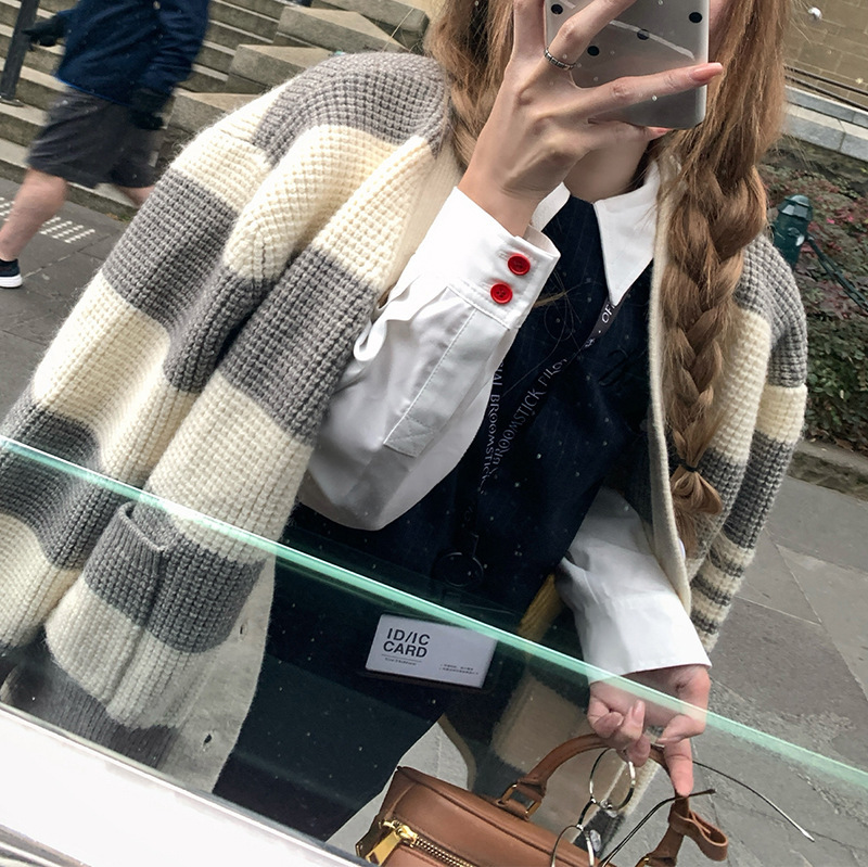 In-Stock London Advertisement High-Weight Tb Oversized Sweater Striped Cardigan Coat Gray Loose Versatile