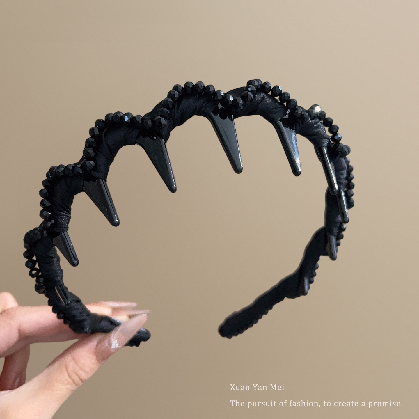 Black satin wavy crystal headband