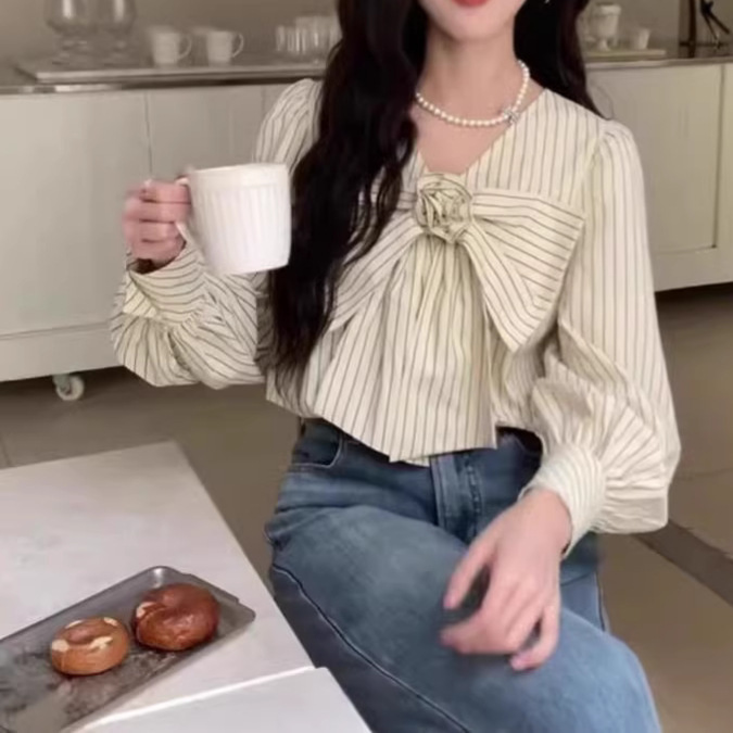 Cream-Colored Striped V-Neck Bow Long-Sleeve Shirt for Women, Spring and Autumn Design, Unique Top