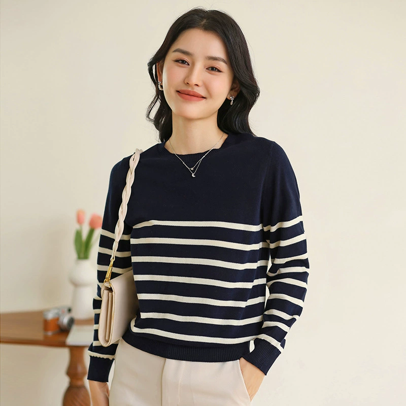 Хлопковая нить навесной пуловер в полоску с круглым вырезом нижняя рубашка женская 10 хлопковая 2024 трикотажная рубашка с длинными рукавами новая весна и осень 0