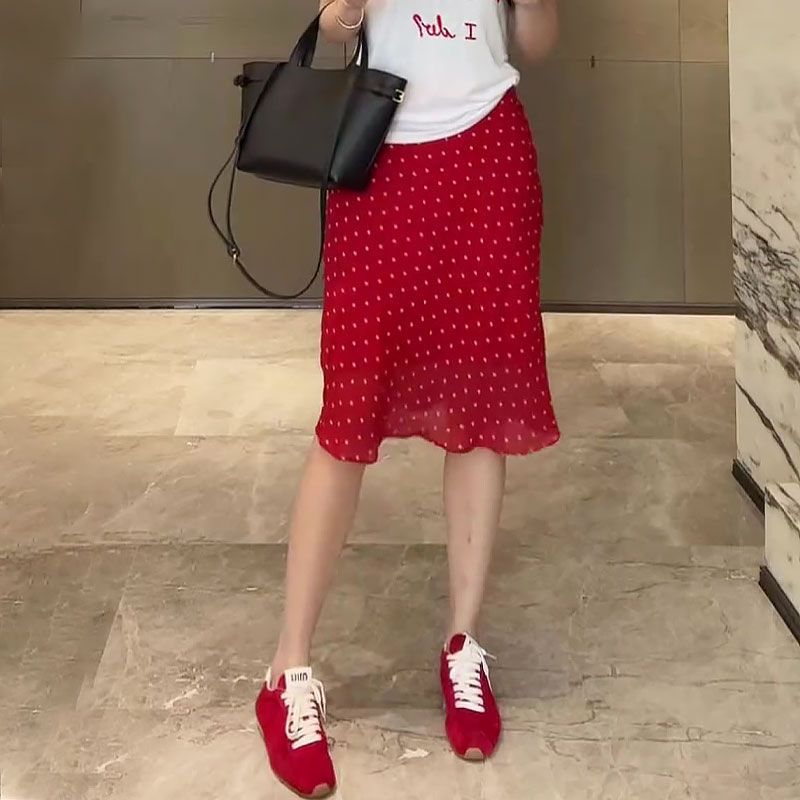 Elastic Waist Red Floral Draped Midi Skirt for Women 2025 Summer New Style Fashionable Niche Relaxed Skirt