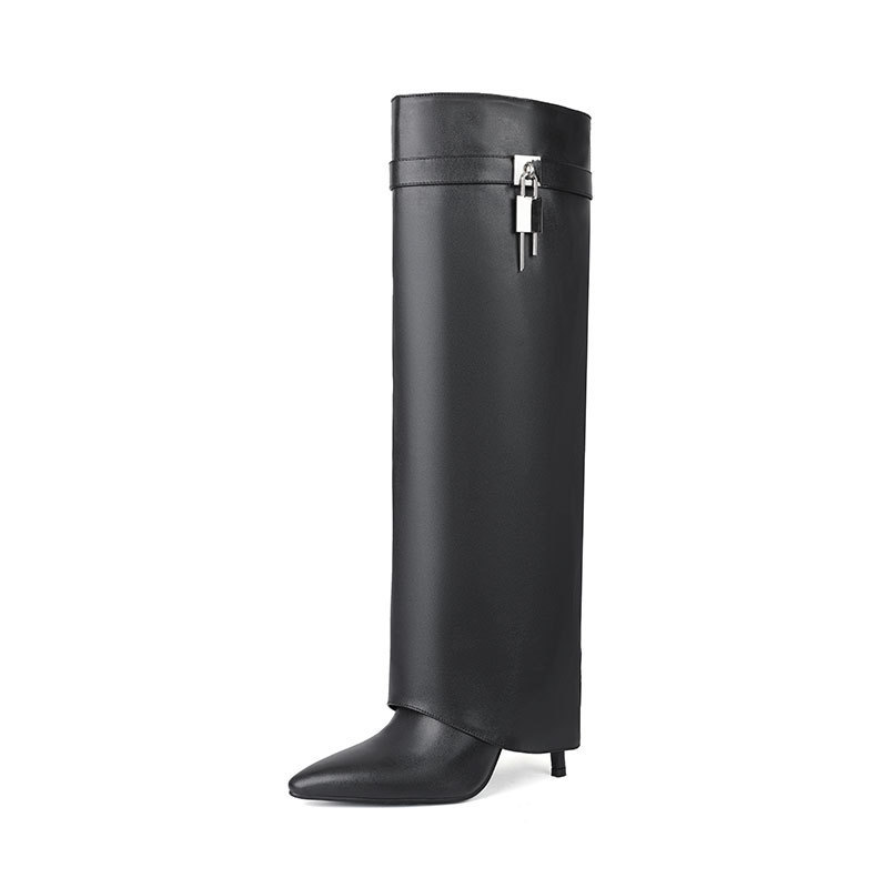 European and American foreign trade autumn and winter new metal buckle fine high-heeled trouser boots pointed turn-up sleeve plus size high boots for women