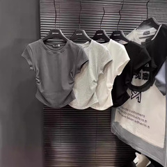 インスタ映えセクシーな純粋な魅力のウエストシェイプTシャツ半袖レディース2025夏新作無地プルオーバー体型カバートップスレディーストレンド