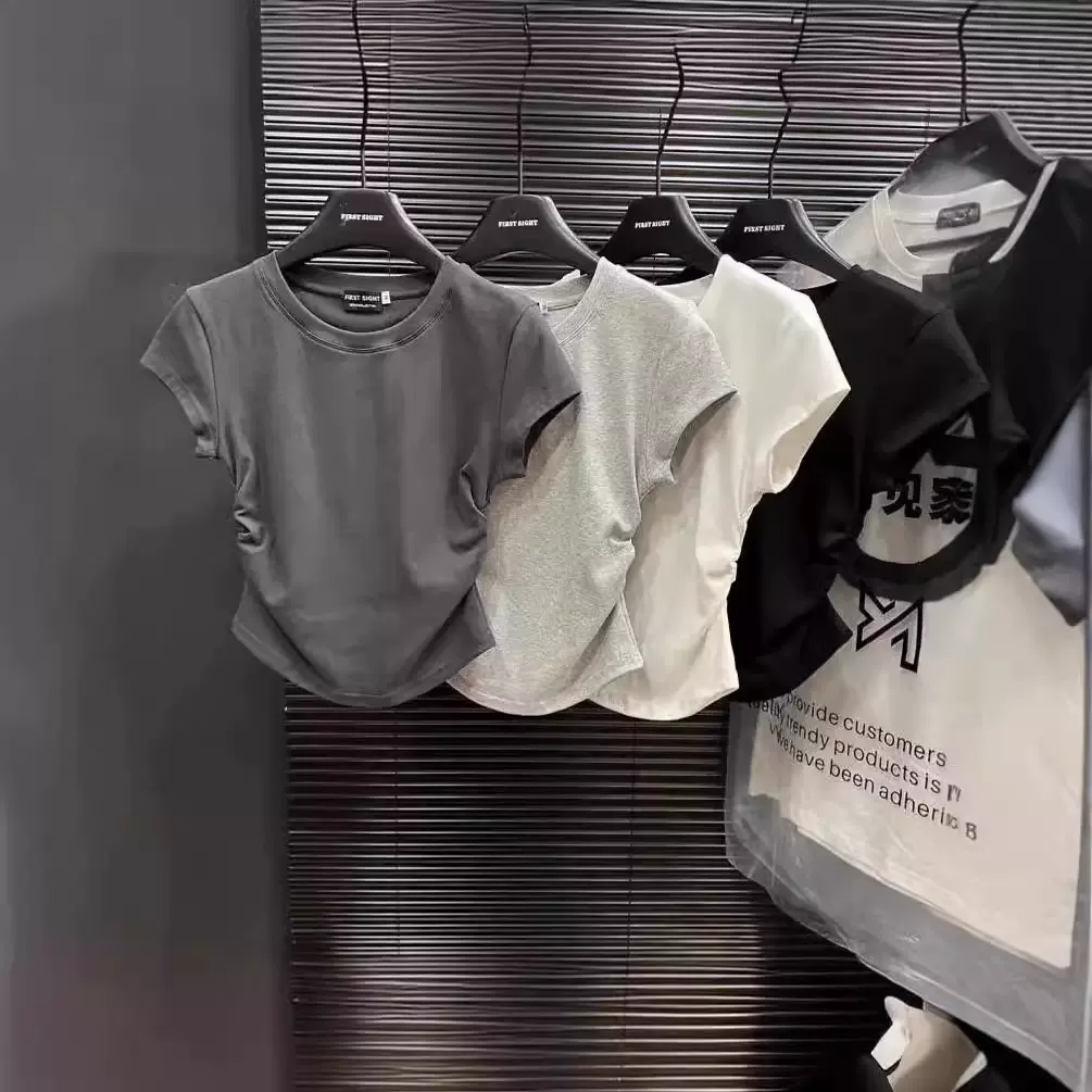 ins辣妹纯欲收腰t恤短袖女2025夏季新款纯色打底套头修身上衣女潮