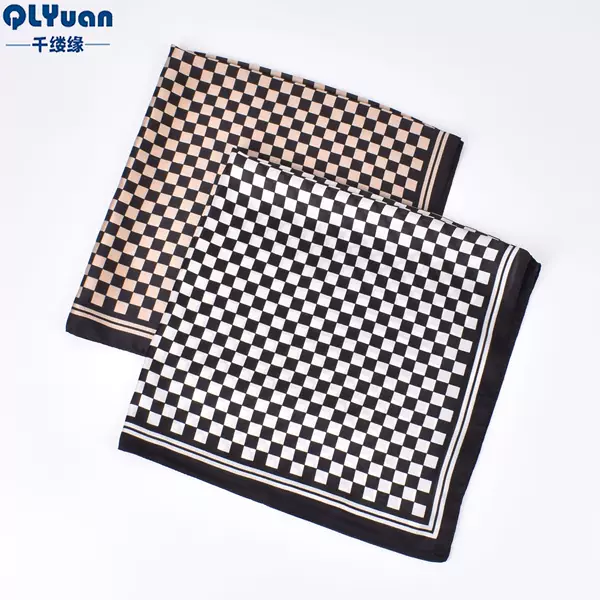 Spring and Summer New Fashion Elegant Versatile Black and White Small Plaid Pattern Imitation Silk Scarf Wholesale 70 Square Scarf