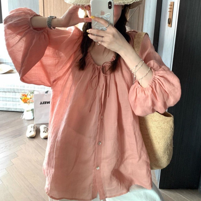 法式慵懒风防晒衬衫短裤两件套薄款抽绳女夏泡泡袖开衫套装遮肚|undefined