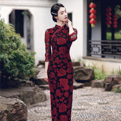 Women chinese dress qipao oriental cheongsam dress photos shooting photos shooting singer model show Long cheongsam stand collar double peony flower