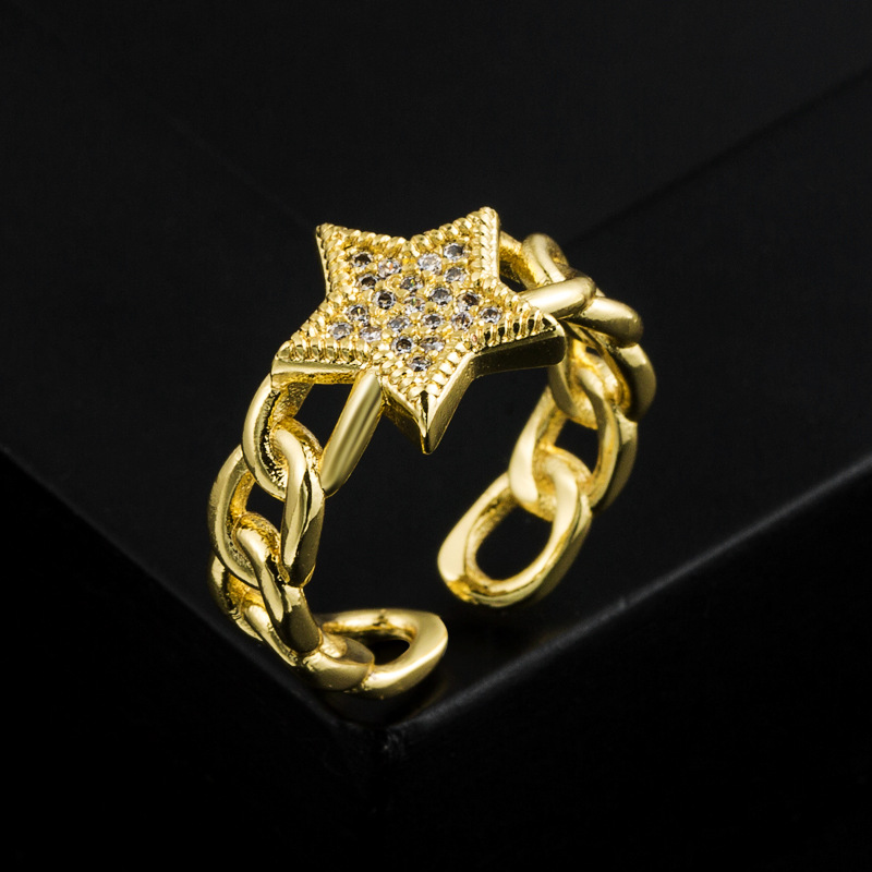 Fashion Gold Plated Micro Inlaid Zircon Star Heart-Shaped Opening Adjustable Copper Ring Accessories