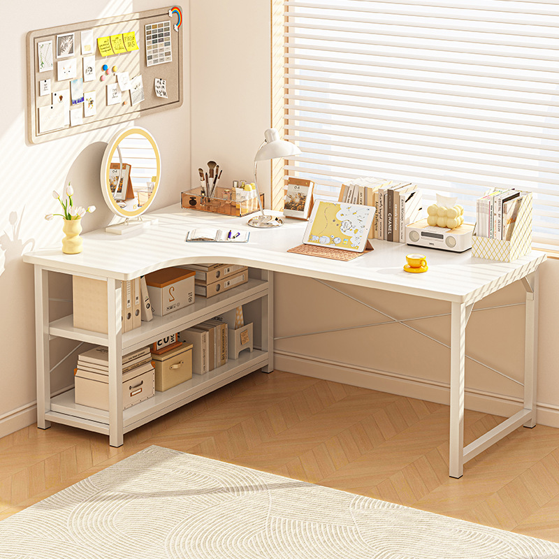 Escritorio de computadora, dormitorio de estudiante en casa, escritorio de aprendizaje de esquina, estilo crema, estantería de esquina en forma de L, escritorio integrado
