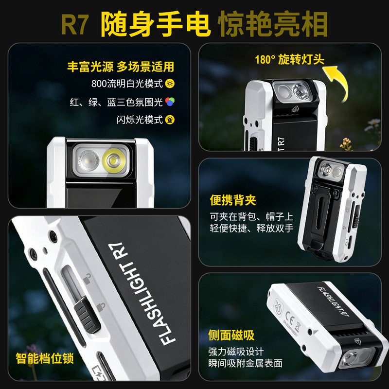 R7 Multifunctional Portable Keychain Flashlight 180 ° Rotating lamp head RGB three-color light source cap clip light flashlight