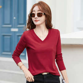 一件代发春秋季新款长袖t恤女装V领95棉螺纹纯色显瘦上衣跨境货源