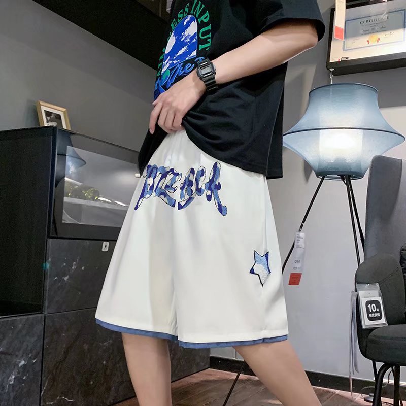 Pantalones cortos casuales de verano sueltos para hombres, marca de moda ins, color sólido, contraste simple, moda, tubo recto, pantalones deportivos de cinco puntos