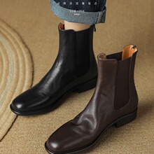 现货~2025秋冬新款短靴女牛皮后拉链切尔西靴真皮绒里黑色马丁靴