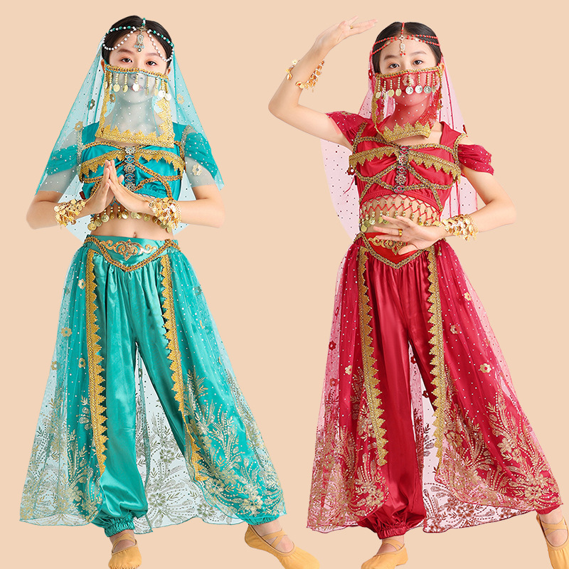 Halloween Indian Dance Costume for Girls and Toddlers, Xinjiang Ethnic Dance Performance Outfit, Jasmine Pants and Skirt, Ethnic Style
