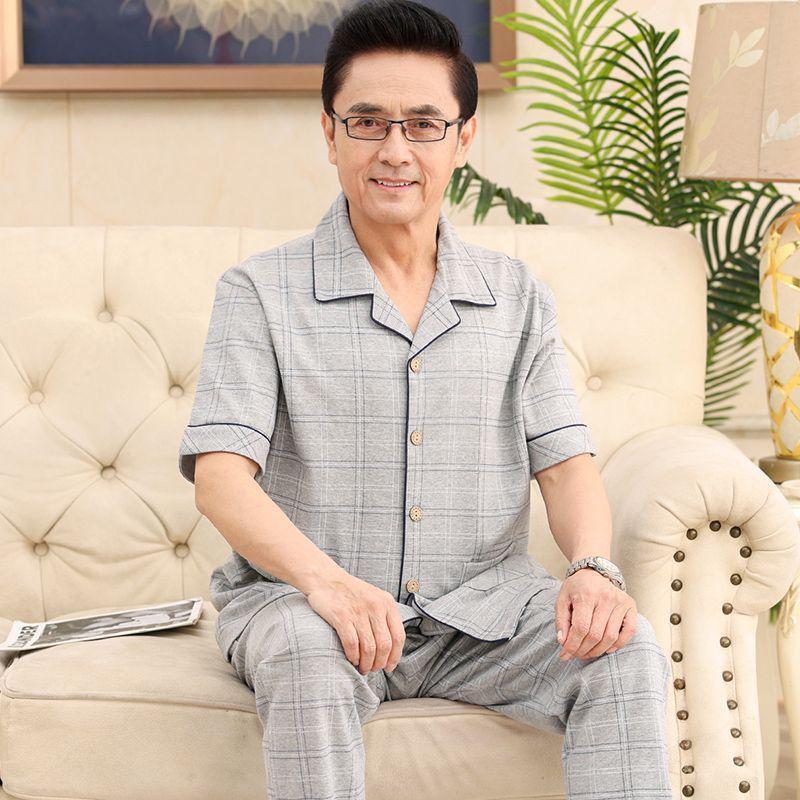 Middle-aged Dad's Cotton Pajamas Summer Short-sleeved Trousers Plus Size Cotton Men's Loose Home Clothes for Middle-aged and Elderly