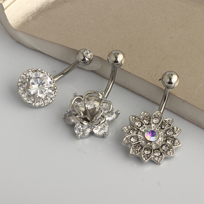Nine Gems Stainless Steel Belly Button Ring Set - 3 Pieces Navel Piercing Jewelry Rose Gold Sunflower detail image 7