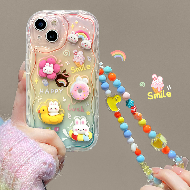 Applicable to Apple 14 mobile phone shell iPhone13promax niche drop-resistant 12 transparent color three-dimensional rabbit chain